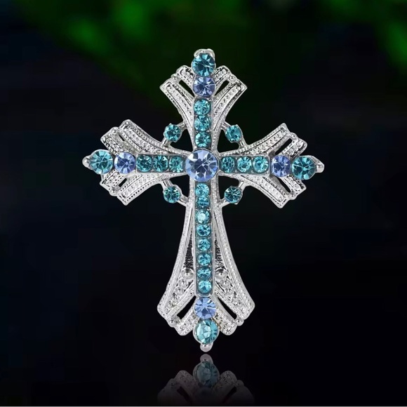 Jewelry - Silver Cross Brooch with Aqua and Light Blue Crystals